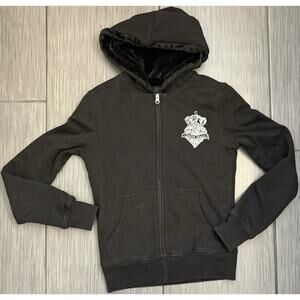 Guess Black Hooded Zip Up Sweatshirt Small Black Faux Fur Lined Y2K Grunge